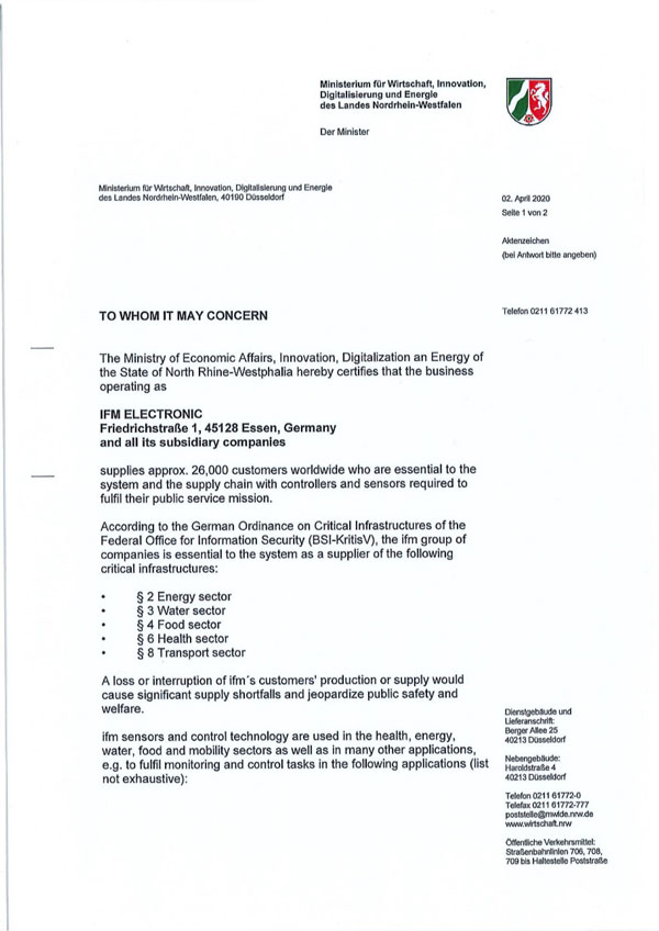 北萊茵-威斯特伐利亞州經濟、創新、數字化及能源部發布證明英文原件